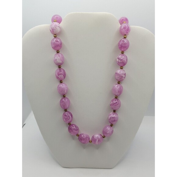 Vintage Hong Kong 60s Pink Marbled Swirl Chunky Bead 24" Plastic Necklace - Picture 1 of 4